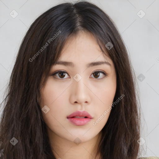 Neutral asian young-adult female with long  brown hair and brown eyes