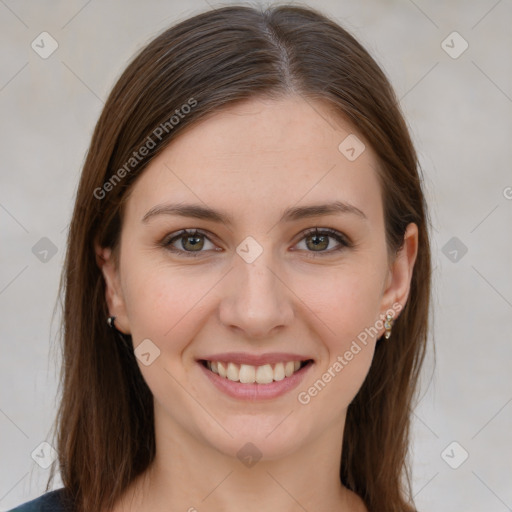 Joyful white young-adult female with long  brown hair and grey eyes