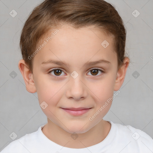 Joyful white child female with short  brown hair and brown eyes