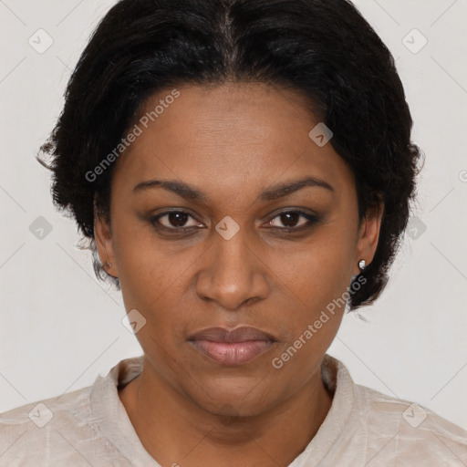 Joyful latino adult female with short  black hair and brown eyes