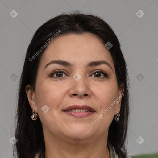 Joyful white adult female with medium  brown hair and brown eyes