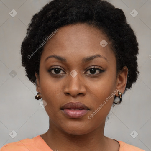 Neutral black young-adult female with short  brown hair and brown eyes