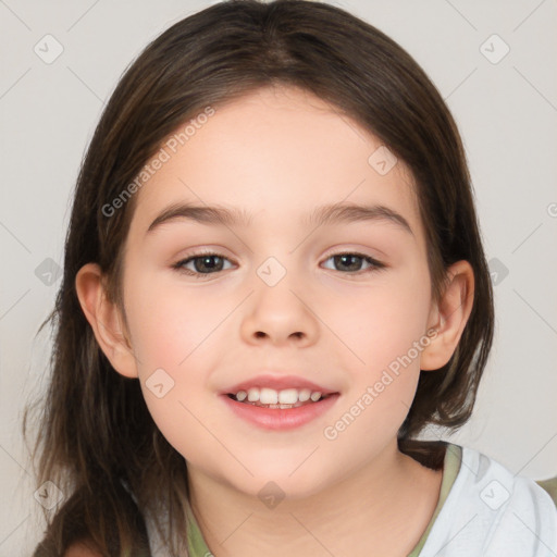 Joyful white child female with medium  brown hair and brown eyes