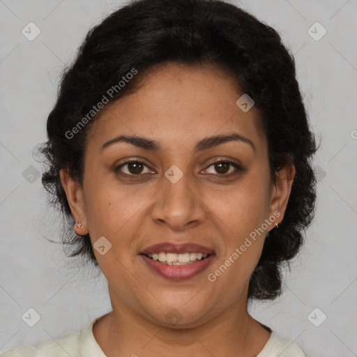 Joyful latino young-adult female with short  brown hair and brown eyes