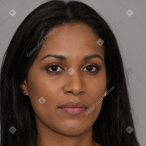 Joyful black young-adult female with long  brown hair and brown eyes