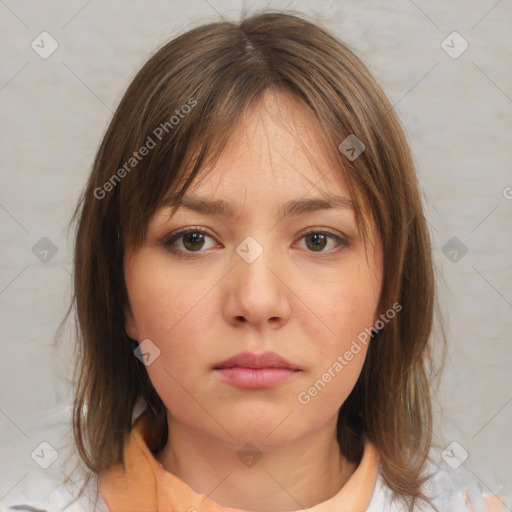 Neutral white young-adult female with medium  brown hair and brown eyes