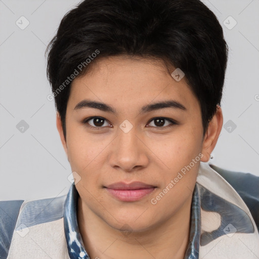 Joyful latino young-adult female with short  brown hair and brown eyes