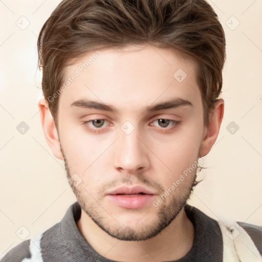 Neutral white young-adult male with short  brown hair and brown eyes