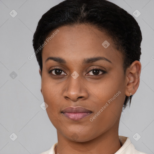 Joyful latino young-adult female with short  brown hair and brown eyes