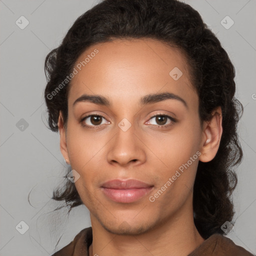 Joyful latino young-adult female with medium  black hair and brown eyes