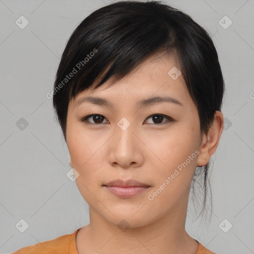 Neutral asian young-adult female with medium  black hair and brown eyes