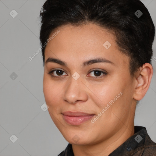 Joyful white young-adult female with short  brown hair and brown eyes