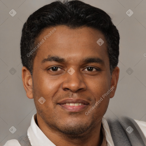 Joyful latino young-adult male with short  brown hair and brown eyes