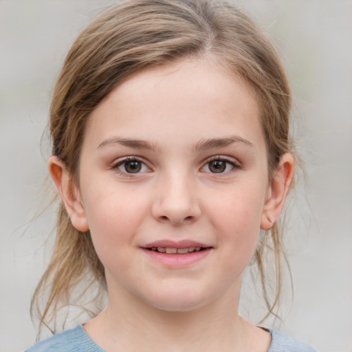 Joyful white child female with medium  brown hair and grey eyes