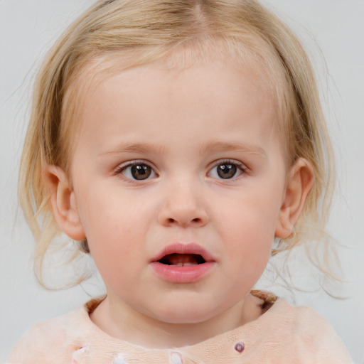 Neutral white child female with medium  brown hair and blue eyes