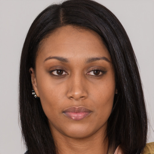 Neutral asian young-adult female with long  black hair and brown eyes
