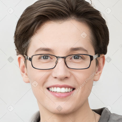 Joyful white young-adult female with short  brown hair and grey eyes