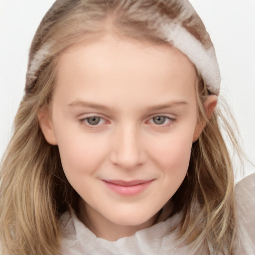 Joyful white child female with medium  brown hair and blue eyes