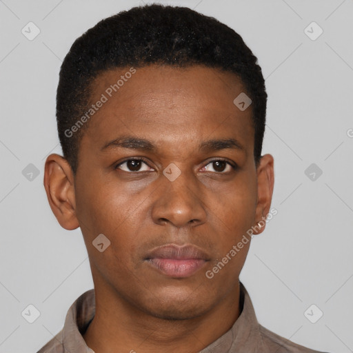 Neutral black young-adult male with short  black hair and brown eyes