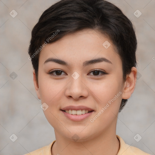 Joyful white young-adult female with short  brown hair and brown eyes