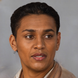 Joyful latino young-adult male with short  brown hair and brown eyes