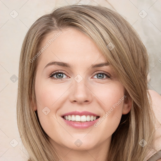 Joyful white young-adult female with long  brown hair and grey eyes