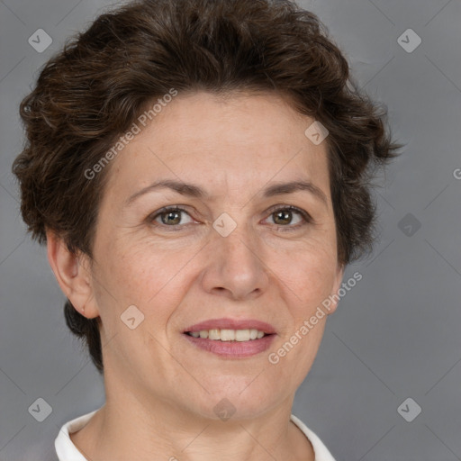 Joyful white adult female with short  brown hair and brown eyes