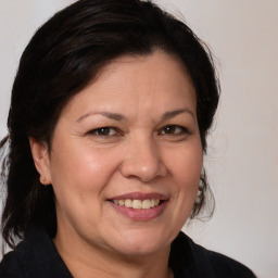 Joyful white adult female with medium  brown hair and brown eyes