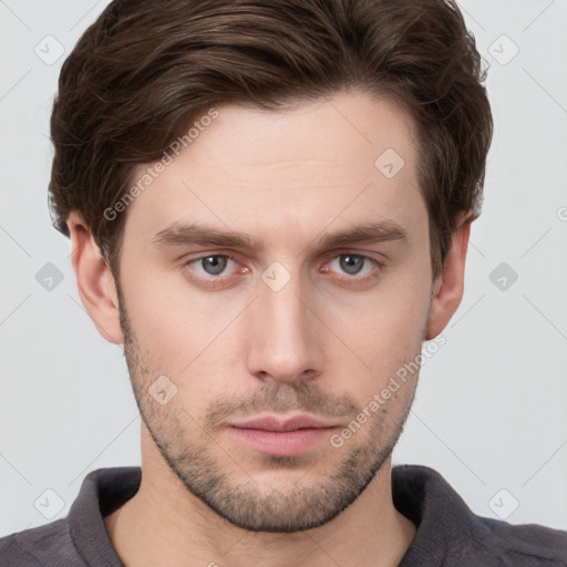 Neutral white young-adult male with short  brown hair and grey eyes