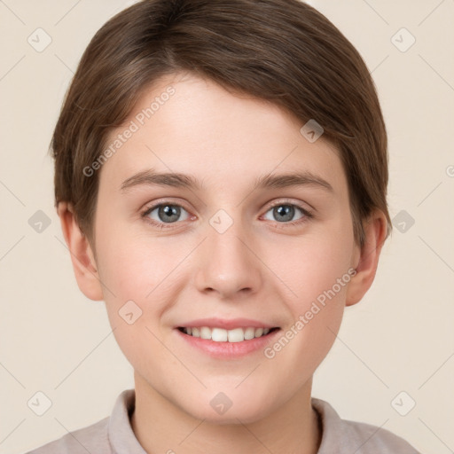 Joyful white young-adult female with short  brown hair and grey eyes