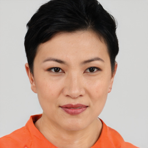 Joyful asian young-adult female with short  brown hair and brown eyes