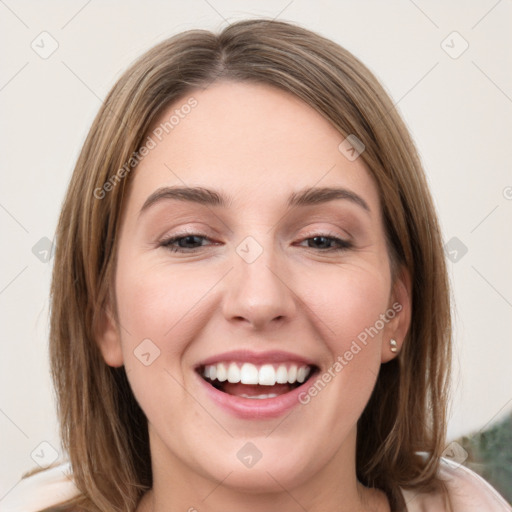 Joyful white young-adult female with medium  brown hair and green eyes