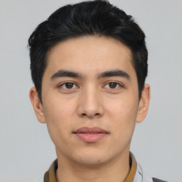 Neutral asian young-adult male with short  black hair and brown eyes