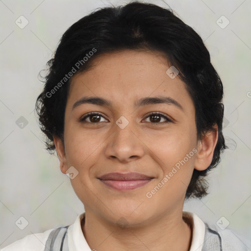 Joyful latino young-adult female with medium  brown hair and brown eyes