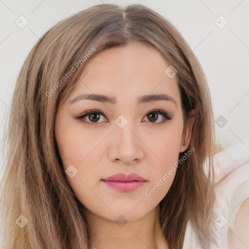 Neutral white young-adult female with long  brown hair and brown eyes