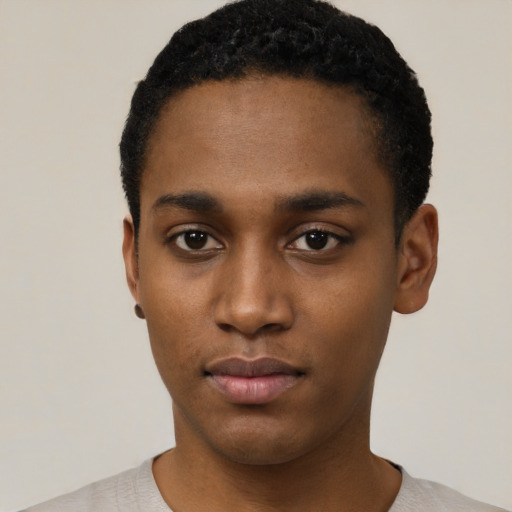 Neutral black young-adult male with short  black hair and brown eyes