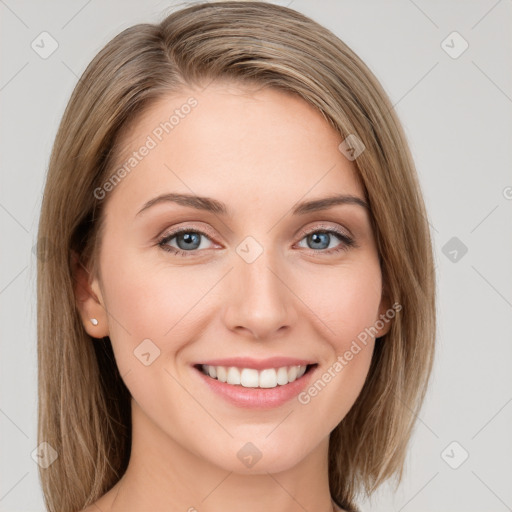 Joyful white young-adult female with medium  brown hair and blue eyes