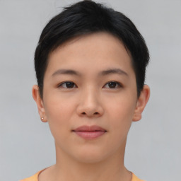 Neutral asian young-adult female with short  brown hair and brown eyes