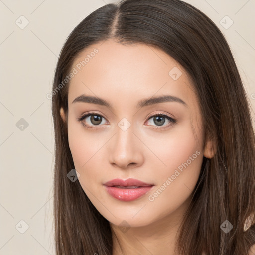 Neutral white young-adult female with long  brown hair and brown eyes