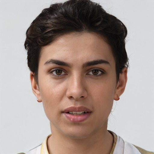 Joyful white young-adult female with short  brown hair and brown eyes