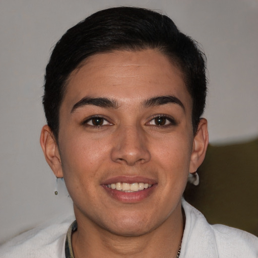 Joyful white young-adult female with short  brown hair and brown eyes