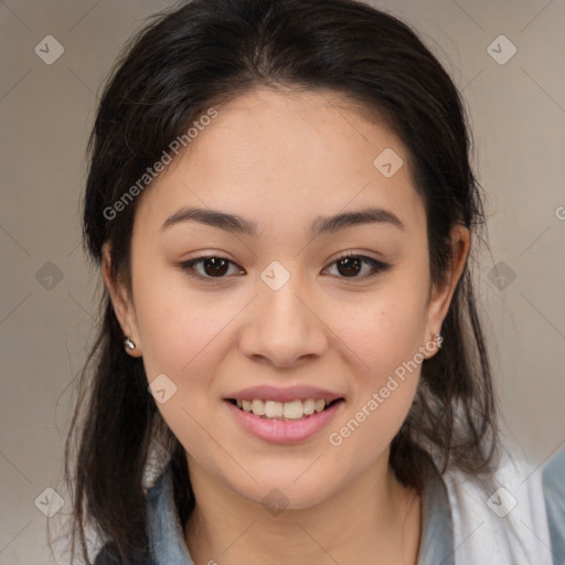 Joyful white young-adult female with medium  brown hair and brown eyes