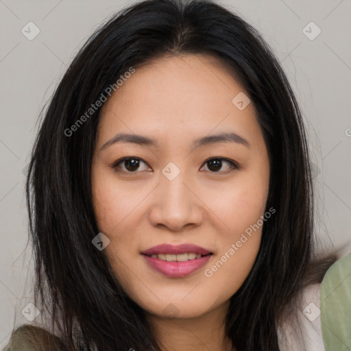 Joyful asian young-adult female with long  brown hair and brown eyes