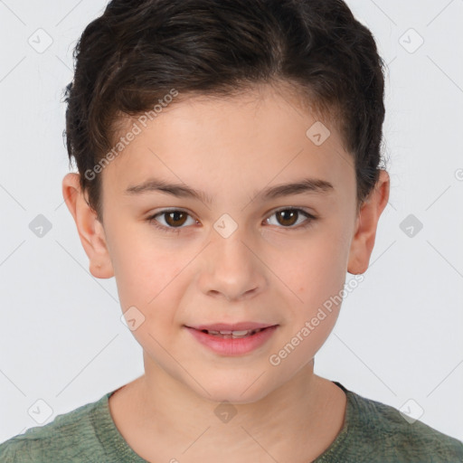 Joyful white child female with short  brown hair and brown eyes