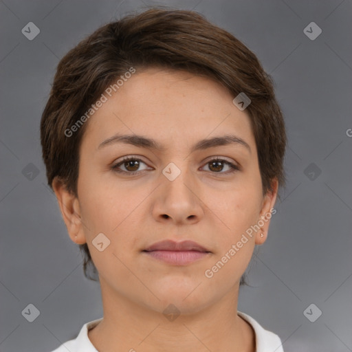 Neutral white young-adult female with short  brown hair and brown eyes