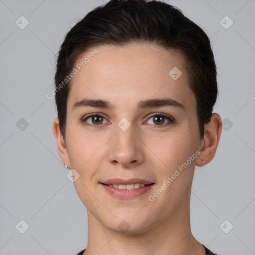 Joyful white young-adult female with short  brown hair and brown eyes