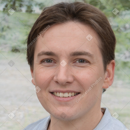 Joyful white young-adult female with short  brown hair and brown eyes