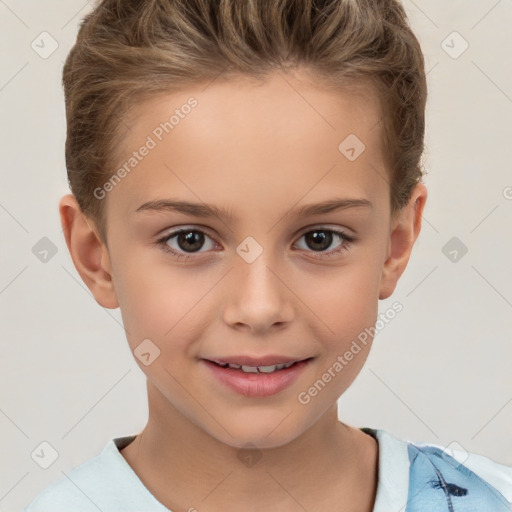 Joyful white child female with short  brown hair and brown eyes