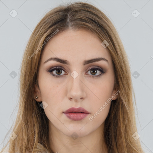 Neutral white young-adult female with long  brown hair and brown eyes