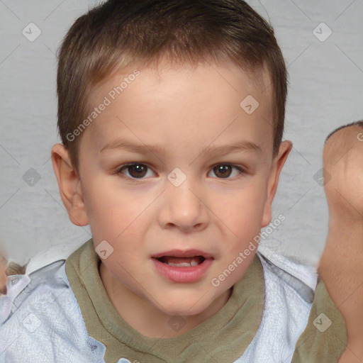 Joyful white child male with short  brown hair and brown eyes